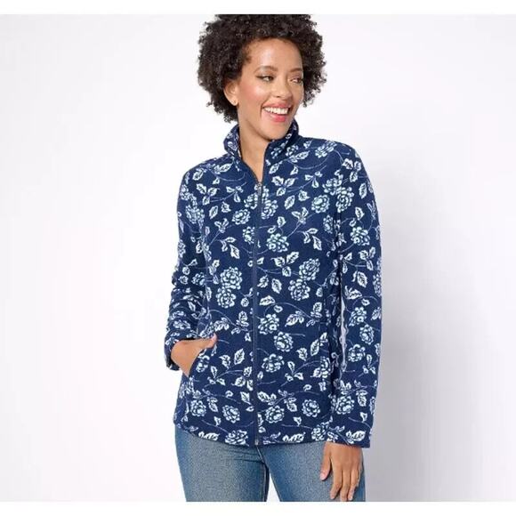 Lands End Women Sz Large 14 16 Jacket Full Zip Front Fleece Blue Flowers LikeNew - Picture 1 of 8